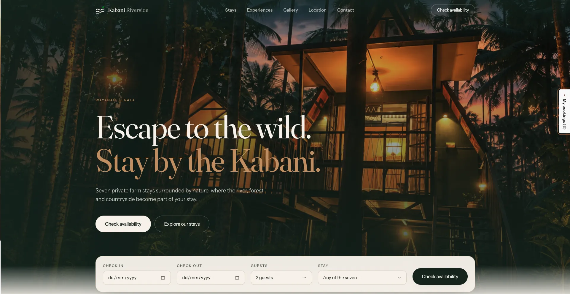 Kabani Riverside farm stay website homepage with availability search