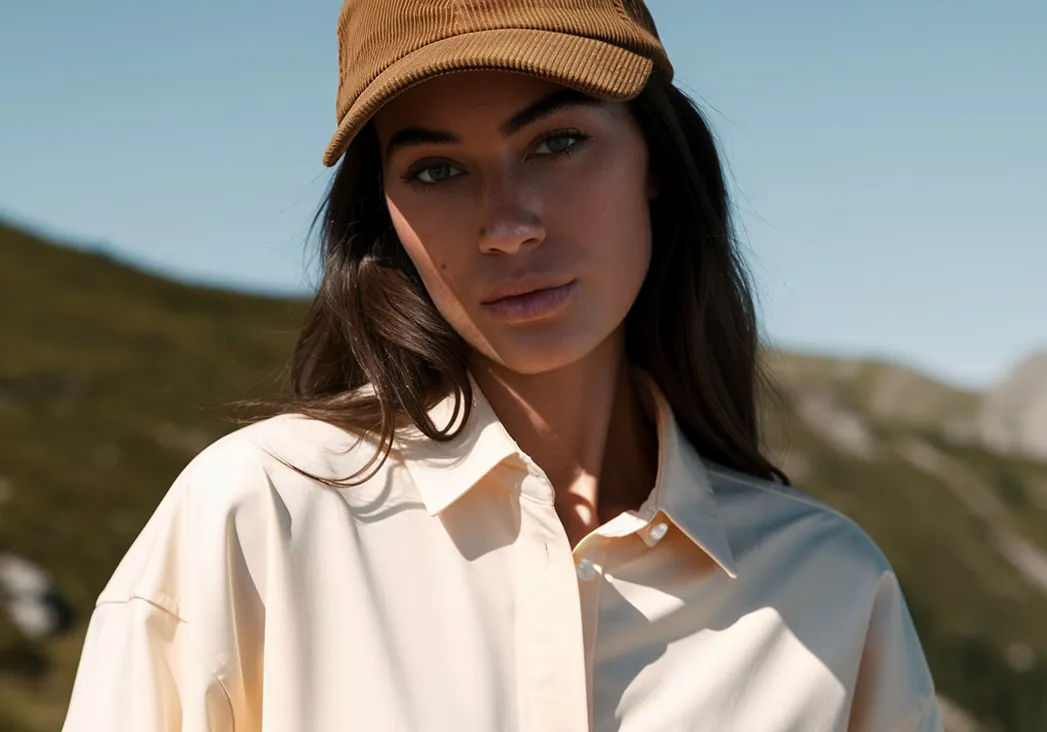 Portrait of a woman in a corduroy cap and cream shirt against a mountain backdrop