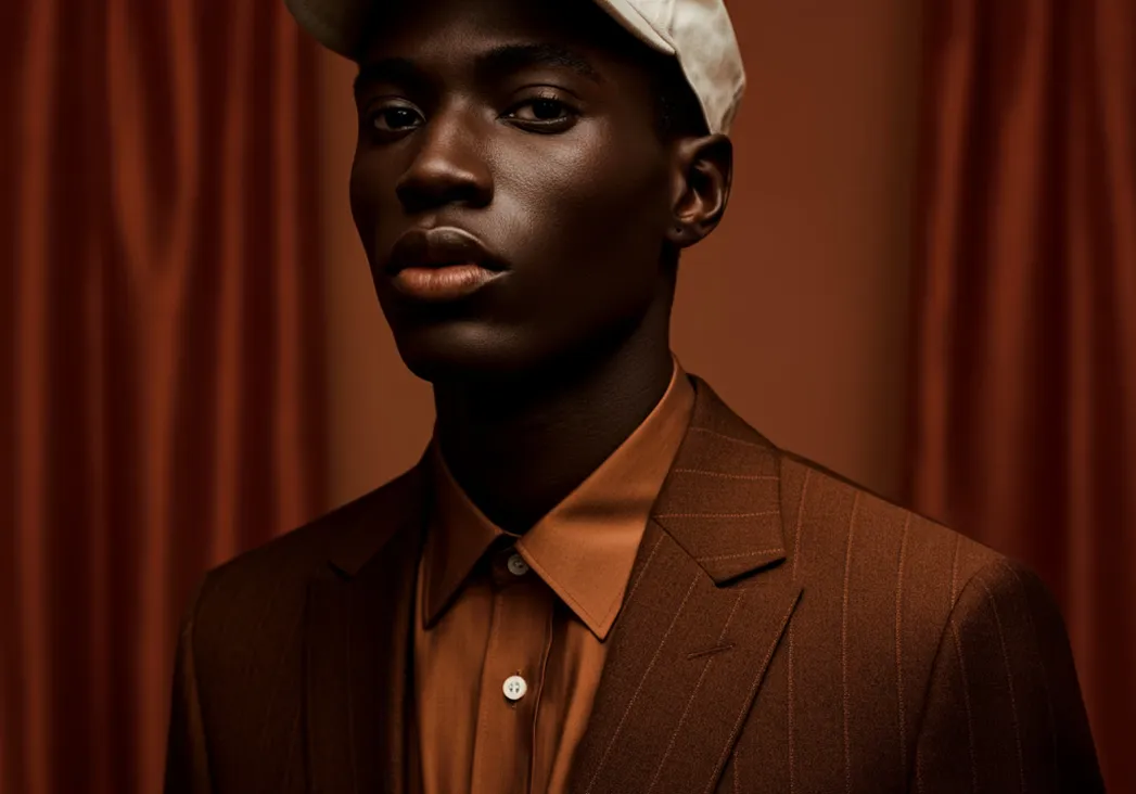 Portrait of a man in a cap and pinstripe suit against a deep orange curtain backdrop