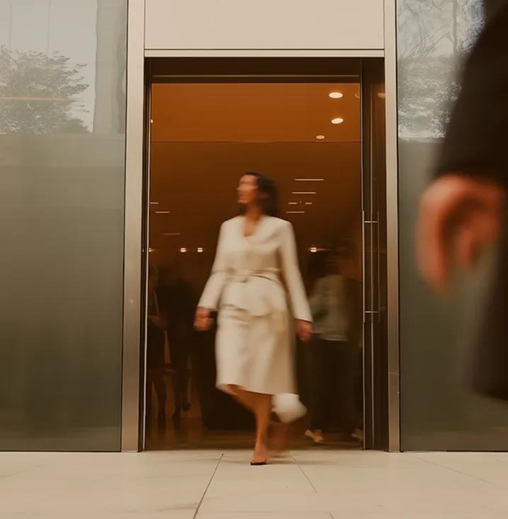 Motion-blurred shot of a woman walking through a glass doorway, evoking movement